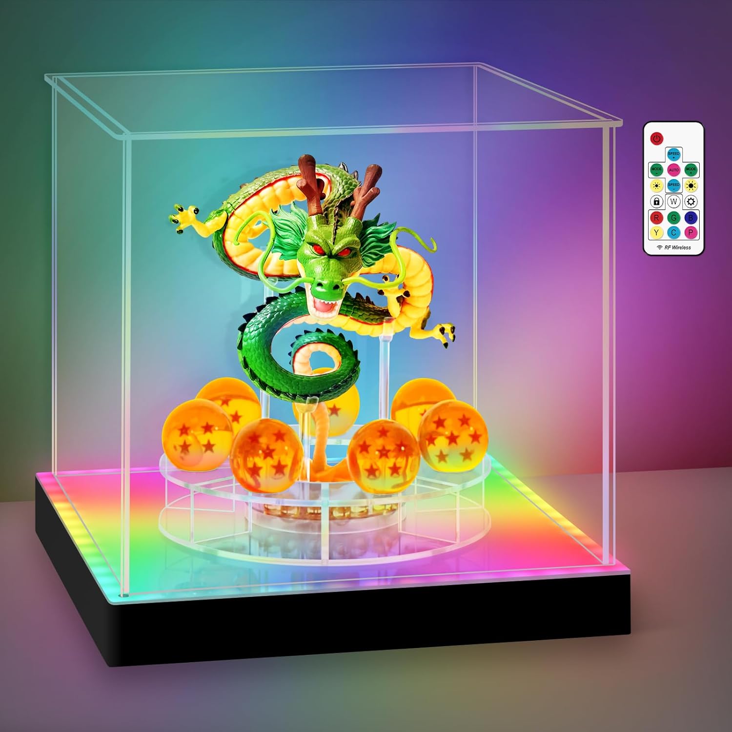 Shenron Clear Acrylic Display Case - LED Showcase for Dragon Shenlong Statue & Dragon Balls | Dustproof Holder