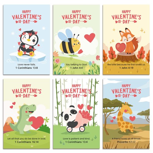 24 Assorted Religious Valentine's Day Card Set, Bible Verse Valentines Cards with Envelopes and Stickers, Animal Christian Valentines Day Card Bulk for Kids School, 4 x 6 In(6 Designs, 4 Each)