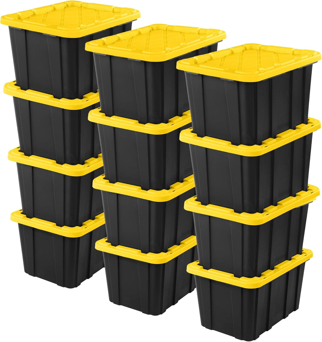 Sterilite 12-Pack Industrial Tote - Heavy-Duty Plastic Storage Bins with Lids, 27 Gallon | Ideal for Organizing Closet, Bathroom, Office