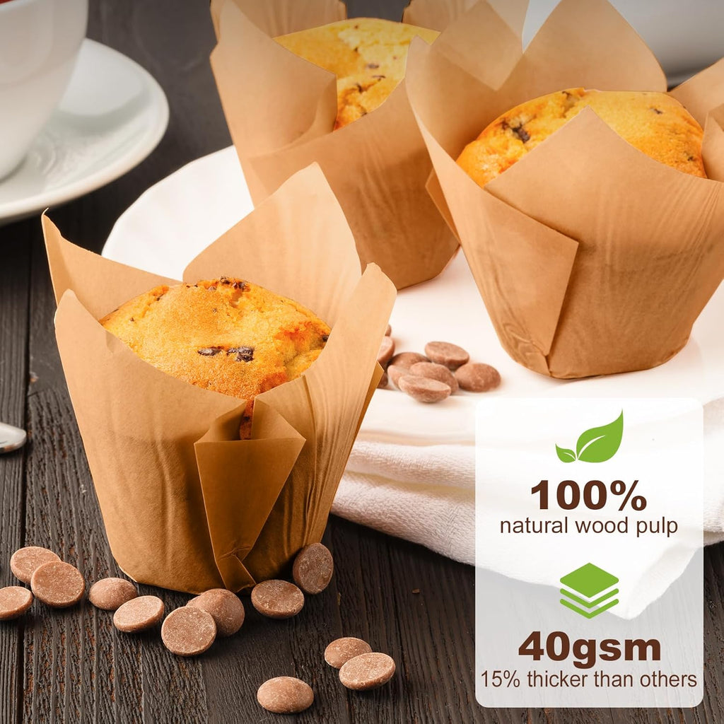 Natural Tulip Cupcake Liners - Unbleached Parchment Muffin Wrappers | 200 Greaseproof Cups for Parties