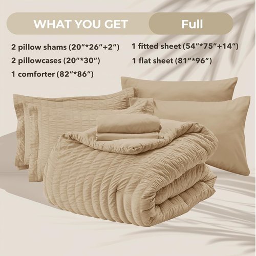 HYMOKEGE Comforter Set - Luxury 7-Piece All-Season Bedding in Khaki | Soft Seersucker Design