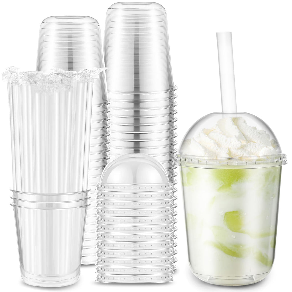 Ziliny 50 Set Clear Plastic Cups with Dome Lids and Straws Sturdy & Food Safe Disposable U Shaped Cups for Cold Drinks Smoothie Milkshake Bubble Tea Juice Cocktail Iced Coffee Party (12 oz)