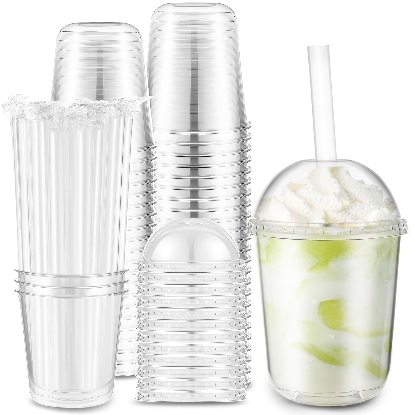Ziliny 50 Set Clear Plastic Cups with Dome Lids and Straws Sturdy & Food Safe Disposable U Shaped Cups for Cold Drinks Smoothie Milkshake Bubble Tea Juice Cocktail Iced Coffee Party (12 oz)