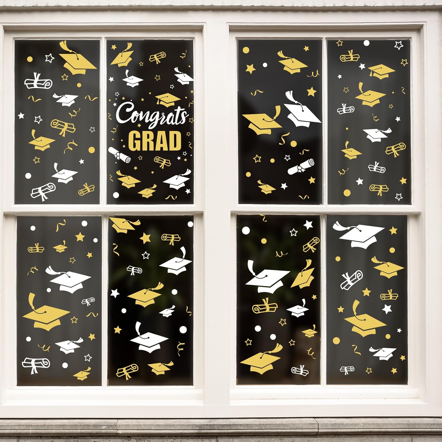 Whaline Graduation Window Clings - 236 Pcs Double-Sided White & Gold Cap Decor for Home & Office