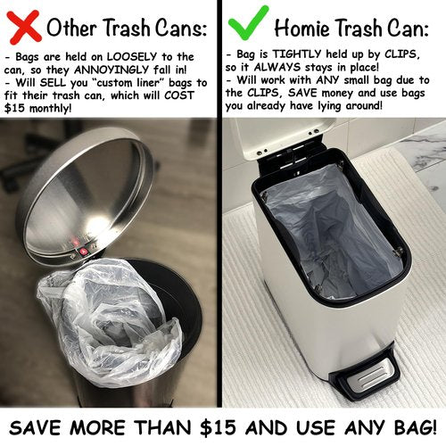 Homie Soft Close, Slim Trash Can 6 Liter / 1.6 Gallon with Anti - Bag Slip Liner and Lid, Use as Mini Garbage Basket, Slim Dust Bin, or Decor in Bathroom, Restroom, Kitchen, or Bedroom (Matte White)