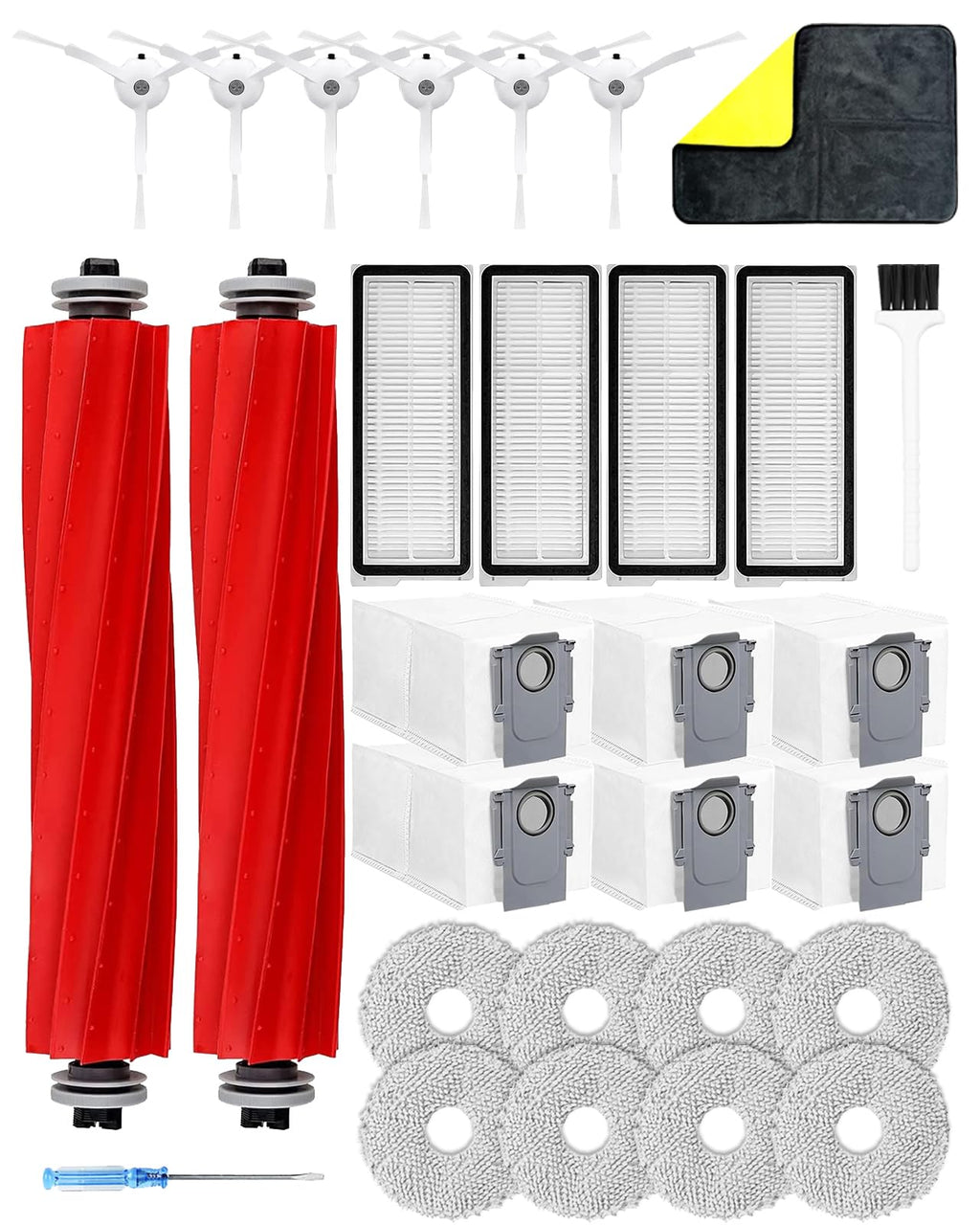 Yivy Vacuum Cleaner Replacement parts Compatible with Roborock Qrevo pro/Qrevo MaxV/Qrevo S/Qrevo plus,2 Main Brush Roller,6 White Side Brush,4 Hepa Filters,8 Mop Pads,6 Dust Bags (White-29)