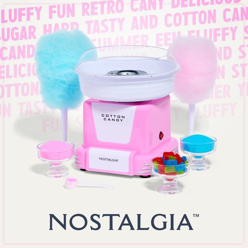 Nostalgia Cotton Candy Machine - Retro Cotton Candy Machine for Kids with 2 Reusable Cones, 1 Sugar Scoop, and 1 Extractor Head – Pink