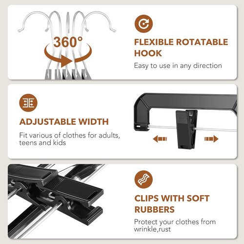 HOUSE DAY Black Pants Hangers - 12 Pack Plastic Clip Hangers with 360° Swivel Hook | 14 Inch for Skirts & Jeans