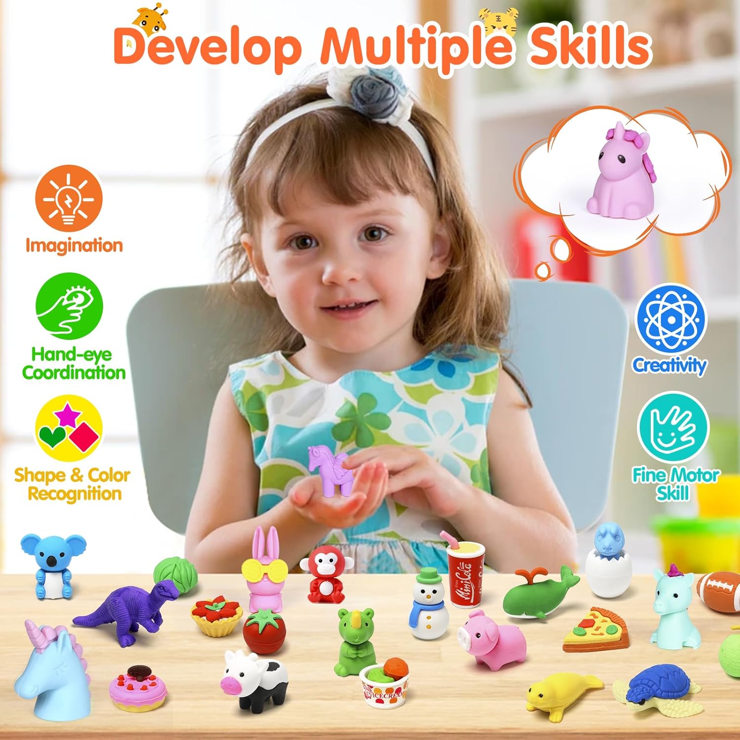 Moosia 120 Pack Animal Pencil Erasers - 3D Mini Puzzle Desk Pets & Party Favors for Kids