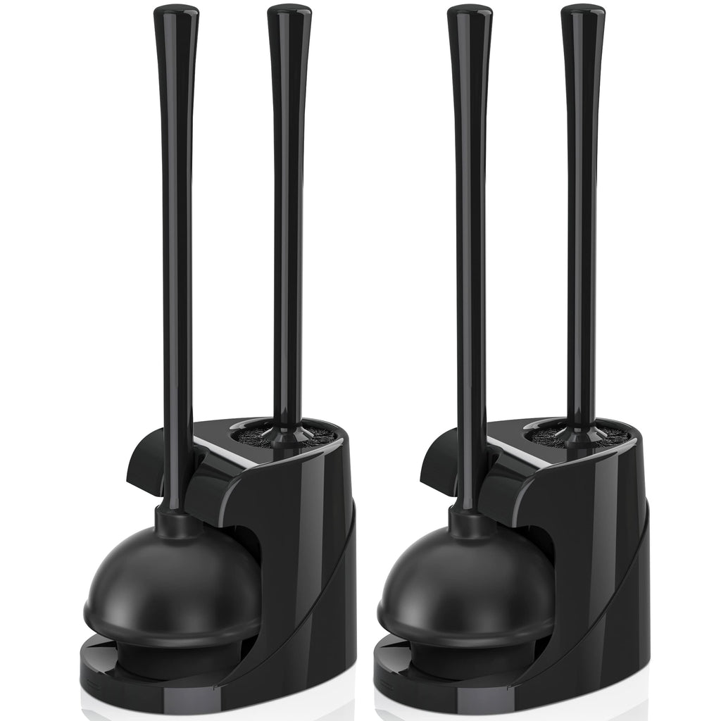 Toilet Plunger and Brush, Bowl Brush and Heavy Duty Toilet Plunger Set with Ventilated Holder, 2-in-1 Bathroom Cleaning Combo with Modern Caddy Stand for 5.7-inch Toilet Drain(Black, 2 Set)