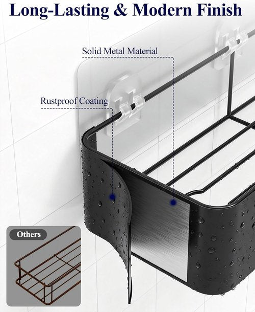Kitsure Shower Caddy Adhesive - Rustproof 6-Pack No-Drilling Shower Shelves with Soap Holder & Hooks | Large Black Bathroom Organizer