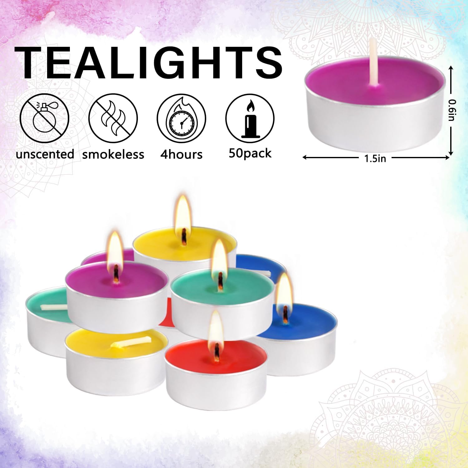 Tealight Candles | 50 Pack Unscented Assorted Colors - 4+ Hour Clean-Burning Votive for Home Decor & Relaxation