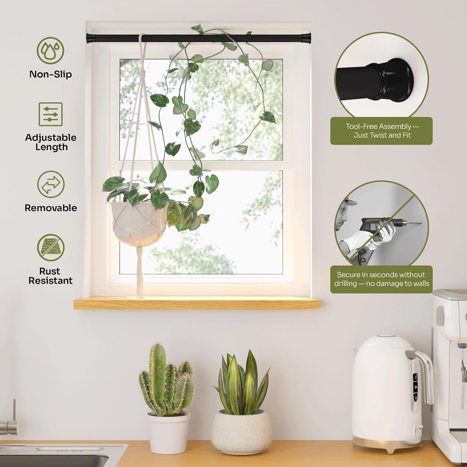 Bamworld Adjustable Indoor Plant Hanger - No-Drill Spring Tension Rods 27''-51'' | Black Expandable Holder