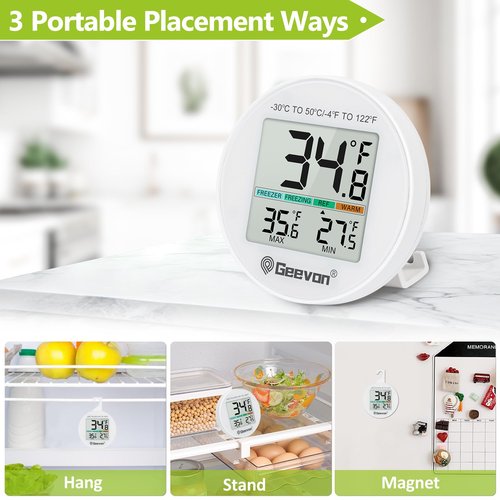 Geevon Small Digital Refrigerator Thermometer 2 Pack, IP65 Waterproof Commercial and Home Use, Max/Min Record Function with LCD Screen, Stand and Magnetic Back, for Fridge, Freezer Scenarios