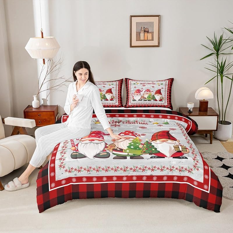 Multi 06 Twin Comforter Set - Merry Christmas Gnomes Snowflake Bedding, 68x90 Twin