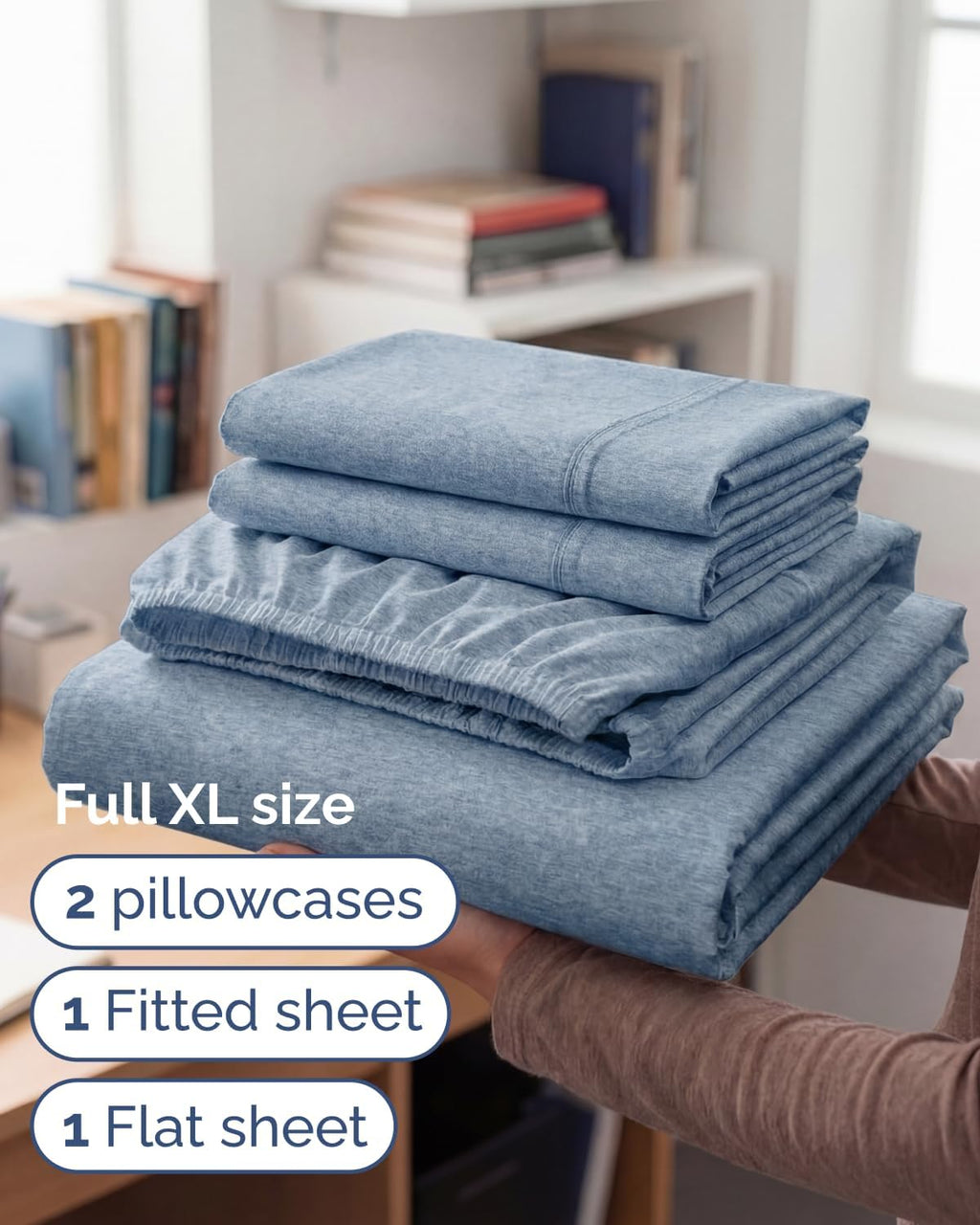 Skiennix Full XL Bed Sheet Set - Soft, Breathable & Cooling 4-Piece Luxury Bedding - Deep Pockets, Fade & Wrinkle Free in Heathered Blue