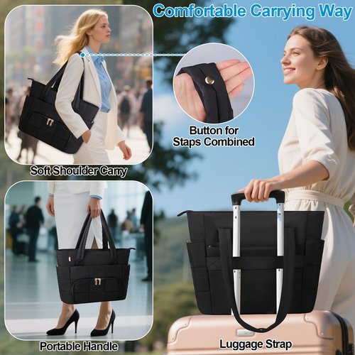 Partreko Work Laptop Tote Bags with Insulated Lunch Compartment& Clutch Purse, Lightweight Puffer Lunch Tote Bag with 15.6 Inch Laptop Compartment for Women Daily Business Office Teacher Nurse (Black)