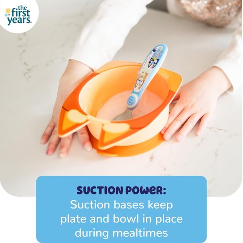 Bluey Kids Dinnerware Set - Suction Plate, Bowl & Stainless Steel Silverware - 4-Piece Feeding Set