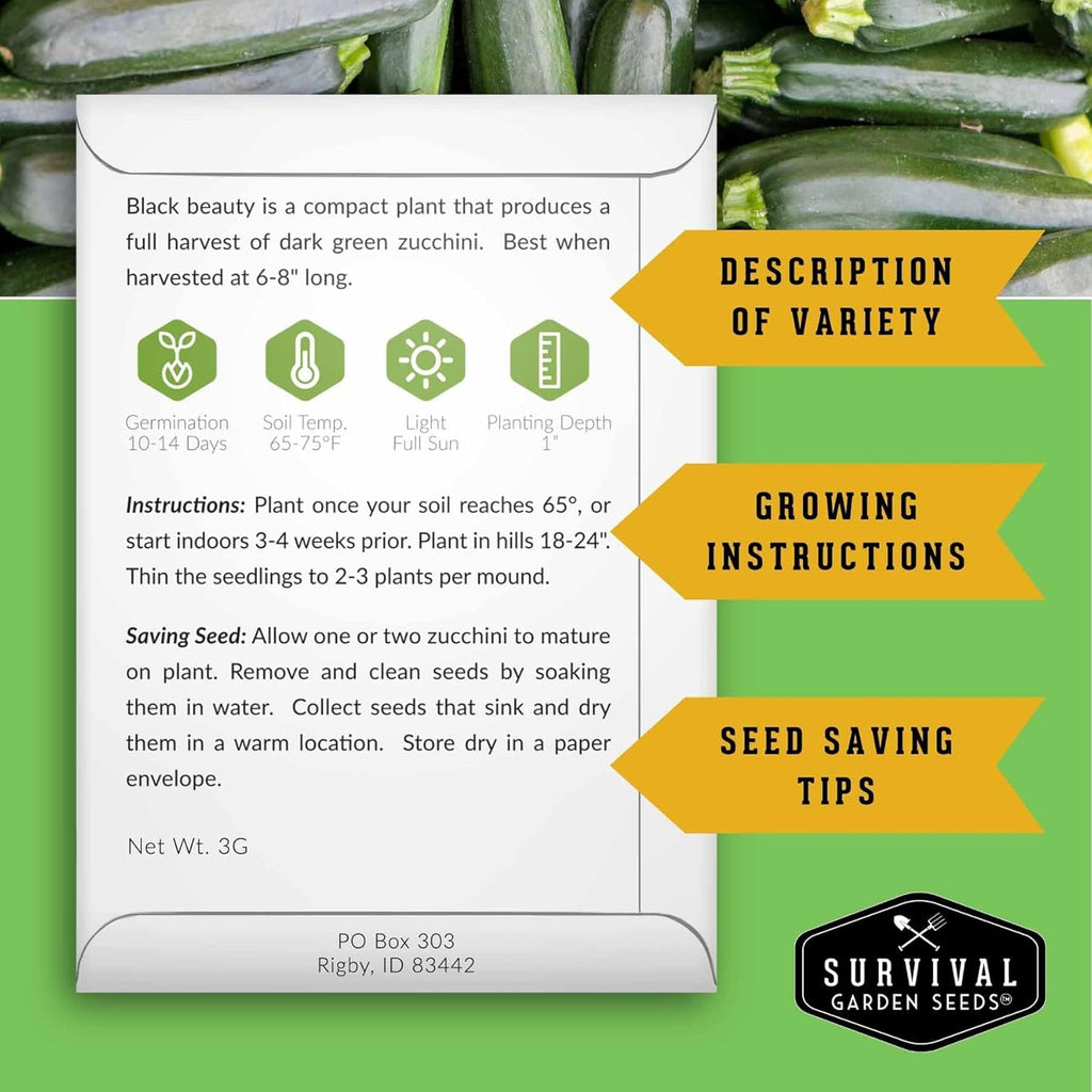 Survival Garden Seeds - Zucchini & Squash Collection | Non-GMO Heirloom Seeds Assortment - Golden, Round, Grey & Black Beauty
