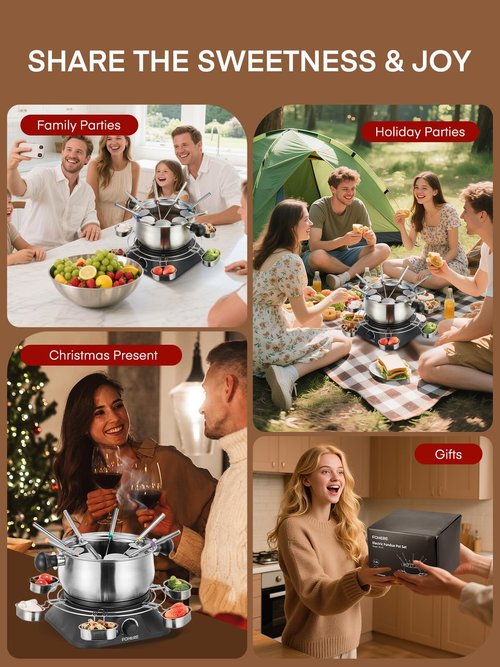 FOHERE 1500W Electric Fondue Pot Set, 1.4QT Non-Stick Electric Fondue Pot with 8 Color-Coded Forks, 6 Pcs Cups and Anti-Scald Handle, Precise Temperature Control for Cheese,Chocolate,Oil and Broth