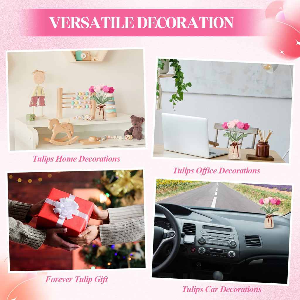 Marsui Crochet Knitting Tulip Bouquet with Vase 7" Knitted Artificial Forever Tulip Handmade Woven Flower with Exquisite Pot Gift for Valentine's Day Back to School Gift Family Home Desk Decor(Pink)