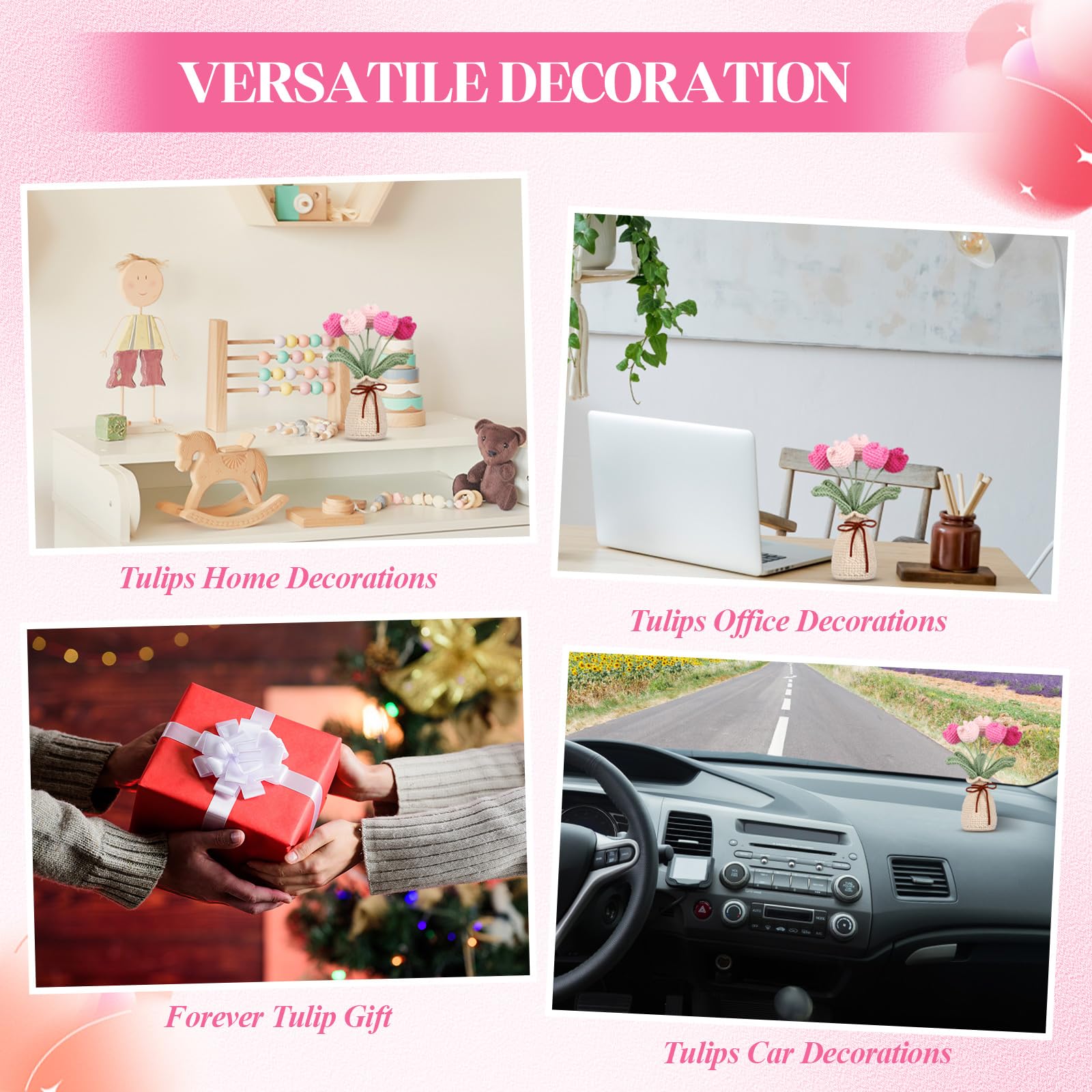 Marsui Crochet Knitting Tulip Bouquet with Vase 7" Knitted Artificial Forever Tulip Handmade Woven Flower with Exquisite Pot Gift for Valentine's Day Back to School Gift Family Home Desk Decor(Pink)