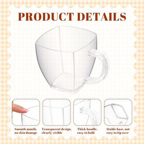 Amyhill 100 Pcs 5 oz Disposable Tea Cups Bulk Mini Plastic Tea Cup Bulk with Handle Hard Coffee Mug Reusable Square Espresso Mugs for Party Wedding (Clear)