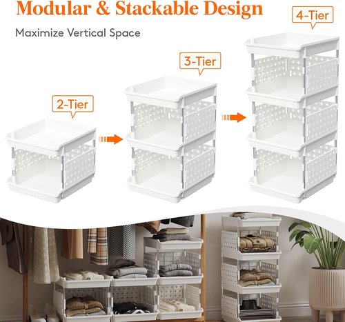 Lifewit Stackable Storage Baskets - 4-Tier Multifunctional Organizer for Food & Clothes | 13.8"D x 11.8"W x 28.3"H, White