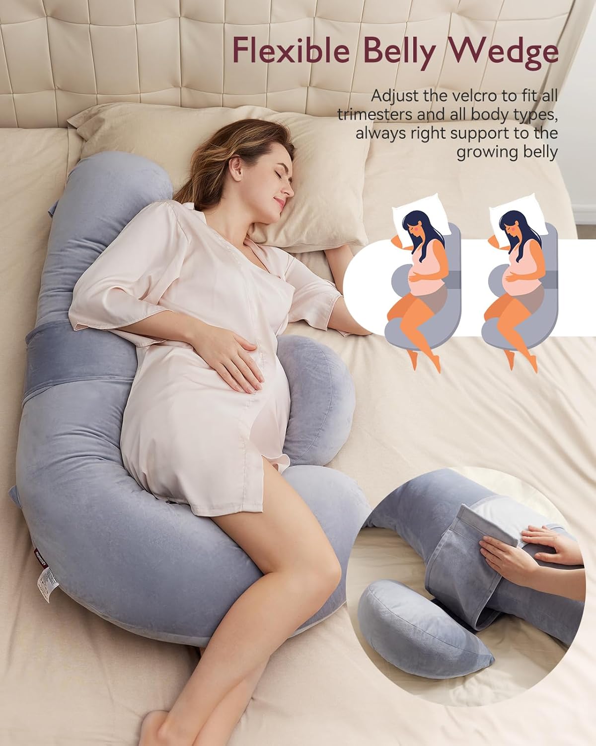 Momcozy Pregnancy Pillow - Original F Shaped Maternity Pillow with Adjustable Wedge - Full Body Support, Grey Velvet Cover