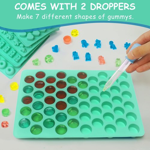 7Pcs Gummy Bear Molds Silicone, Nonstick Gummy Molds Includes Bear, 55 Cavity Round Molds, Dinosaur, Heart, Donut, Gummy Candy Chocolate Molds for Kids with 2 Droppers for Convenient Filling