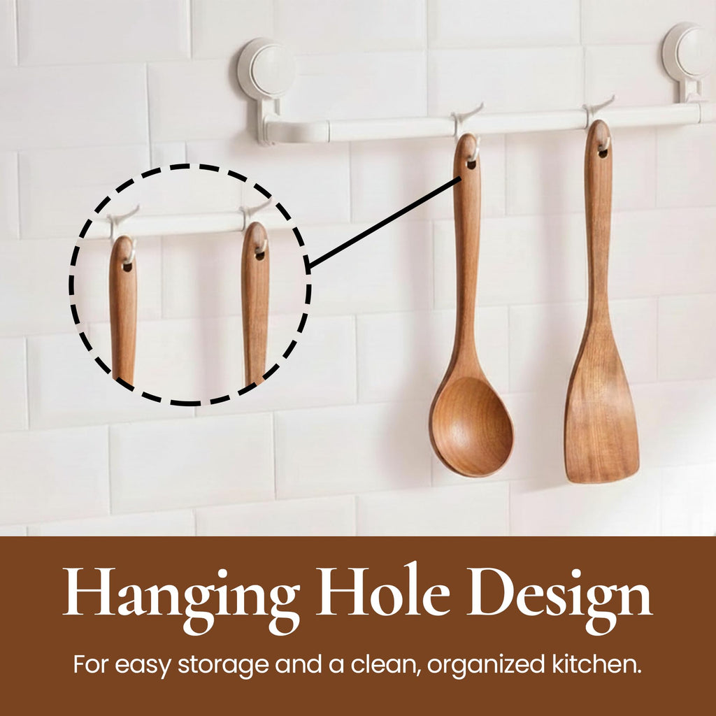 TEGH Wooden Cooking Utensils Set – 3-Piece Teak Wood Spoons and Spatula Set with Holder for Cooking – Durable Non-Toxic Eco-Friendly Wood Kitchen Utensils for Nonstick Cookware