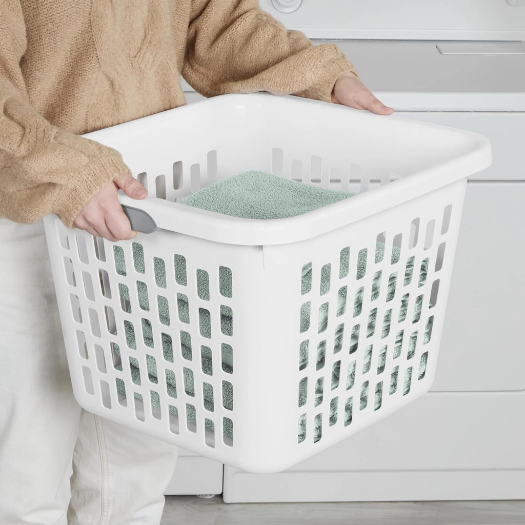 Square Plastic Laundry Basket by [Brand Name] - 1.5 Bushel, BPA-Free, Sturdy & Stackable, White with 2 Comfort Grip Handles
