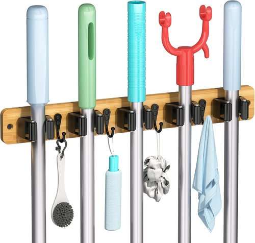 IMILLET Broom Holder Wall Mount - Bamboo Mop Organizer with 5 Racks & 4 Hooks | Home Storage Solution