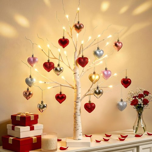 OLANRUN Valentines Day Decorations - 2 FT Birch Tree with 24 LED Warm Light 18 Heart Ornaments Set - Valentines Day Tree Decor for Home Office Bedroom Table Mantel Decor, USB or Battery Powered, White