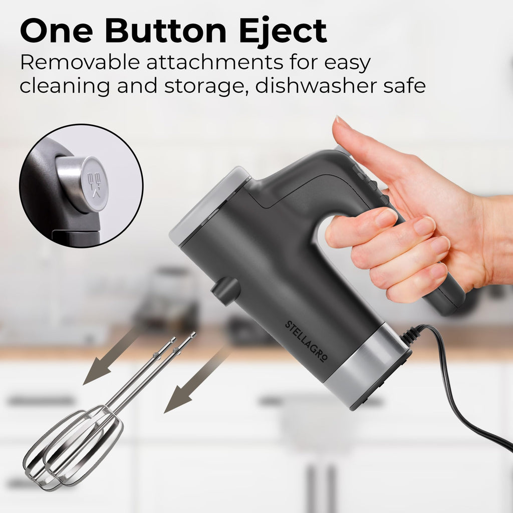 Stellagro Electric Hand Mixer 9 Speed with Stainless Steel Whisk, Flat Beater & Dough Hook, Snap Storage Case, Compact Lightweight 350 W Powerful handheld mixer for Baking & Cooking, Gray