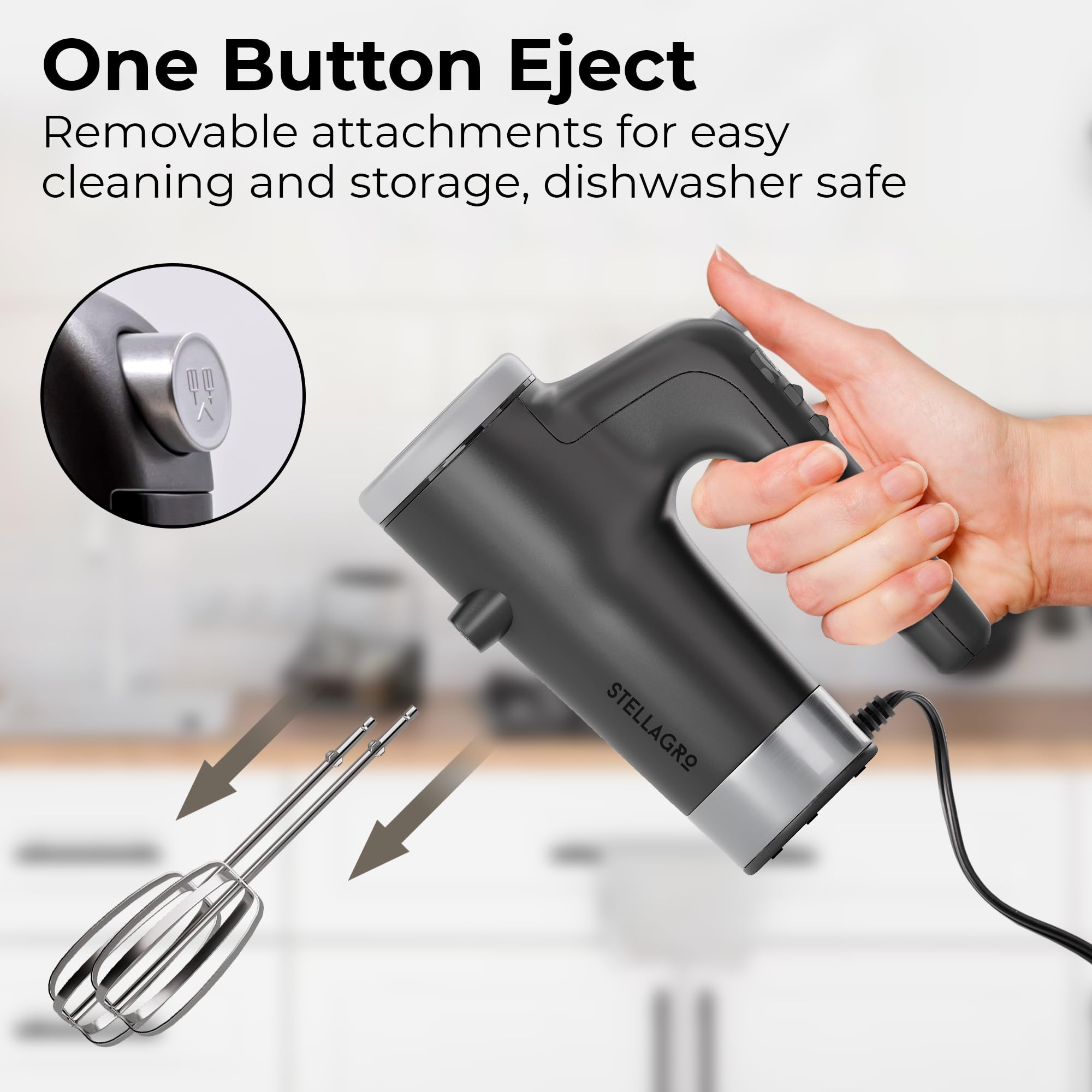 Stellagro Electric Hand Mixer 9 Speed with Stainless Steel Whisk, Flat Beater & Dough Hook, Snap Storage Case, Compact Lightweight 350 W Powerful handheld mixer for Baking & Cooking, Gray