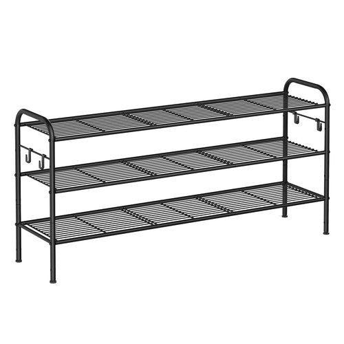 SONGMICS Shoe Rack, 3-Tier Shoe Organizer, Metal Shoe Shelf Storage with 4 Side Hooks, Holds 18 Pairs of Shoes, Height-Adjustable Shoe Rack for Entryway, Hallway, Closet, Ink Black ULMR131B01