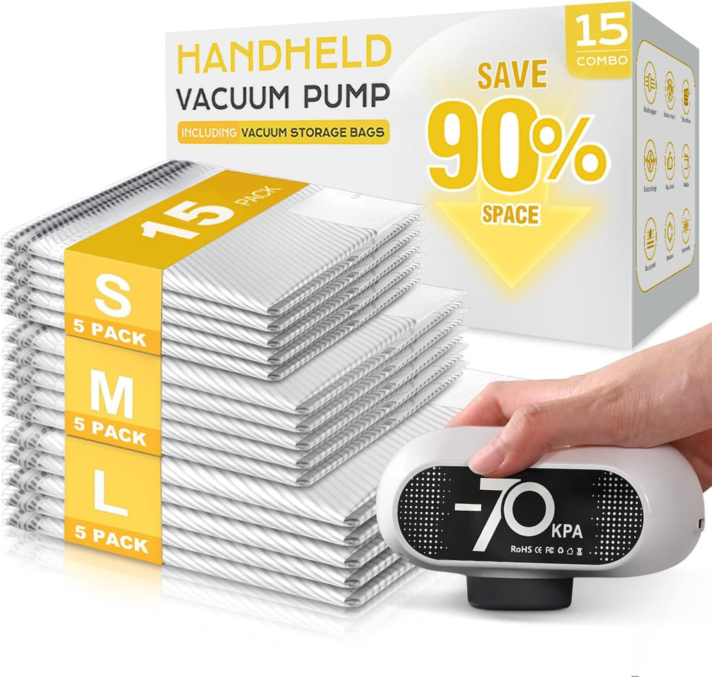 Vacuum Storage Bags 15 Pack by [Brand Name] - Premium Tear-Resistant with Electric Pump | Space-Saving Travel Essentials