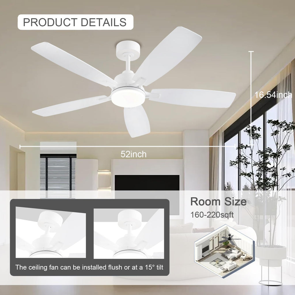 NKPU White Ceiling Fans with Lights, 52 Inch Low Profile Ceiling Fan with Light and Remote/App Control, Dual-Sided Blades, Reversible, 3CCT, Dimmable, Modern Ceiling Fan for Indoor/Outdoor Patios