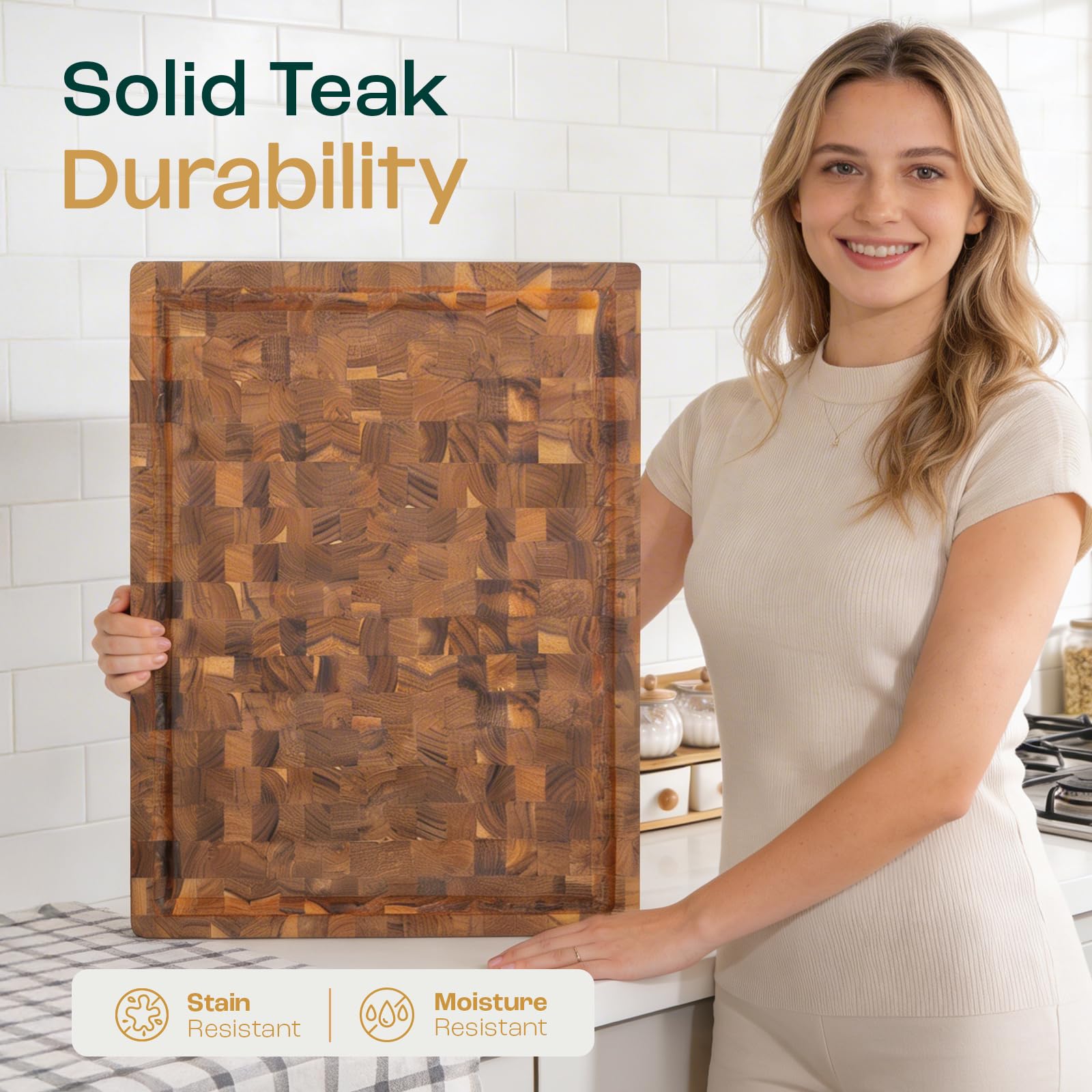 Yes4All Durable Teak Cutting Boards for Kitchen, [24''Lx18''Wx1.5” Thick] Extra Large End Grain Cutting Board, Pre Oiled Wood Cutting Boards, Thick Chopping Board w/Juice Grooves and Easy Grip Handle