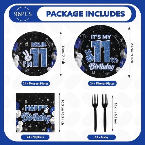 Greencian 96 Pcs 11th Birthday Decorations for Boys Blue and Black Plates and Napkins Disposable Glitter It's My 11th Birthday Party Supplies for Boys Kids Teenager 11 Years Old Party Decor，Serves 24