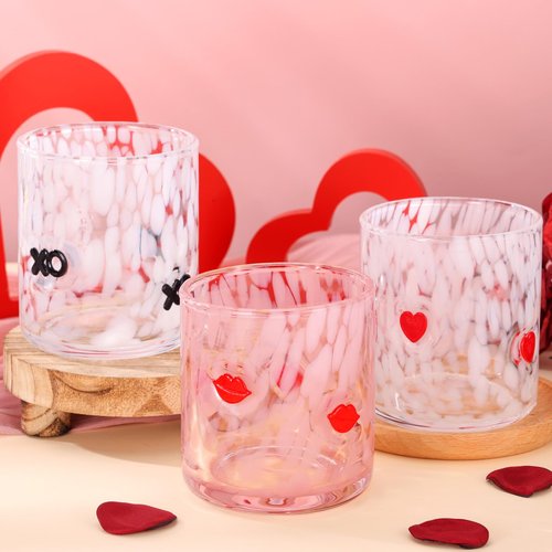 Booson 3 Pcs Valentine's Day Icon Glasses Valentine Juice Glass Cup 16oz Icon Stemless Glasses Lipstick XO Heart Drinking Glass Set for Wedding Engagement Anniversary Romantic Gifts
