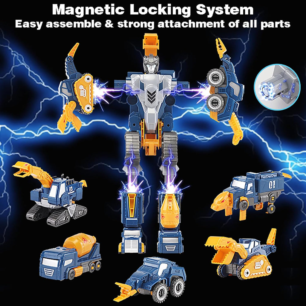 Skiennix Toddler Construction Car Transform Set - 5-Piece Dinosaur Rescue Robot with Magnetic Connectors | DIY STEM Building Trucks for Kids Ages 3-7