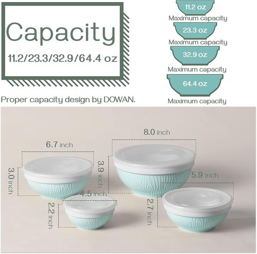 DOWAN Mixing Bowls Set - Ceramic Serving Bowls with Lids for Food Storage | 4-Piece Turquoise Set (64/32/24/12 Ounce)
