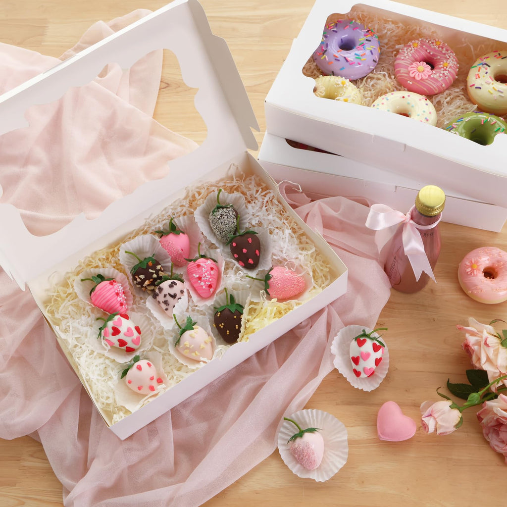 TOMNK 80pcs Cookie Boxes with Window, 12x8x2.5 Inches 4 Style Bakery Boxes, Large White Treat Containers for Chocolate Strawberries, Cakes, Donuts, Muffins and Pastries