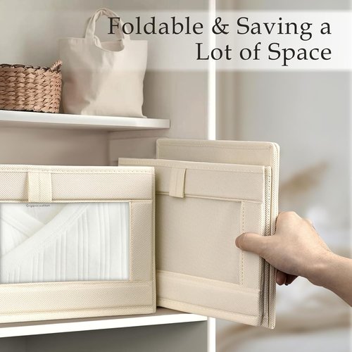 Criusia Closet Organizers - 4 Pack Linen Storage Baskets with Mesh Window | Foldable for Clothing, Toys, Beige