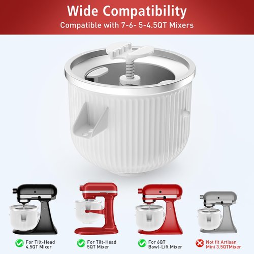 Ice Cream Attachment for KitchenAid Mixer, Ice Cream Bowl Compatible with 4.5Qt and 6QT Or Larger Stand Mixers KitchenAid Attachment, Frozen Yogurt & Sorbet Gelato Maker Attachment, 2 Qt White