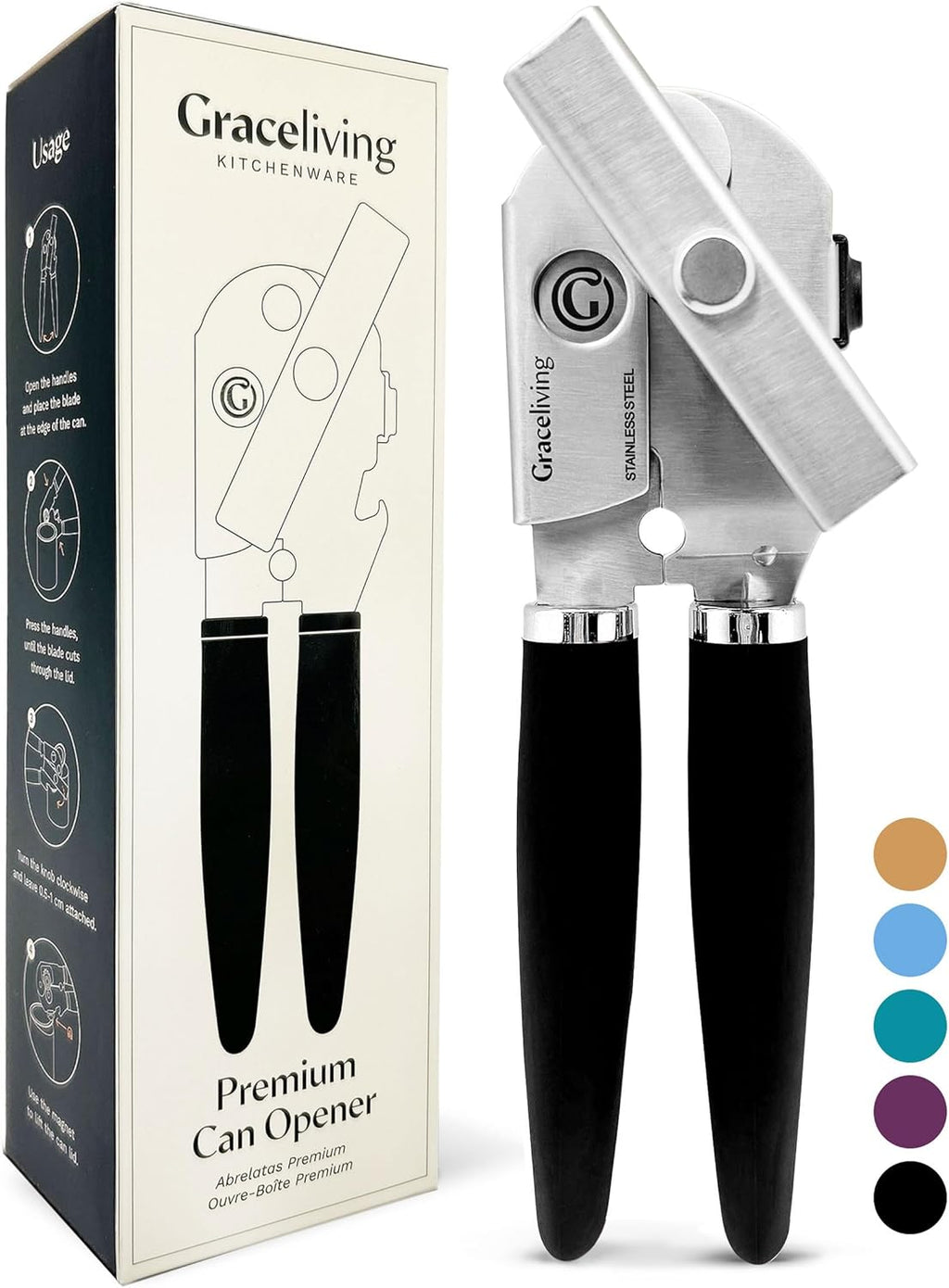 Skiennix Premium Multifunction Magnetic Can Opener - Heavy Duty Stainless Steel with Easy Turn Knob, Black