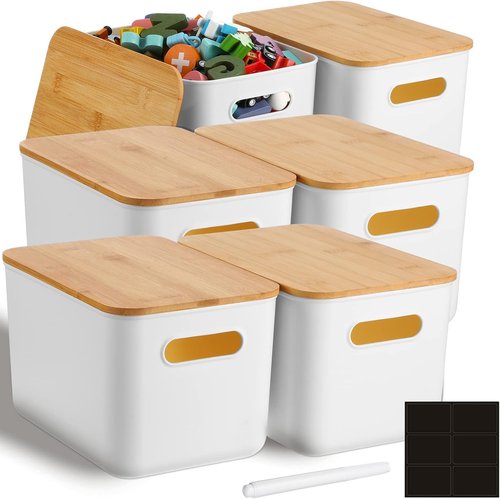 Geosar Storage Bins - 6 Pcs Stackable Plastic Containers with Bamboo Lids & Labels | 10.1x7x6.69 In (White)