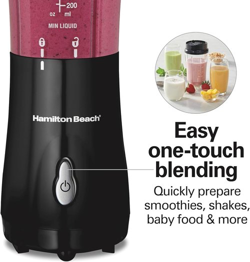 Hamilton Beach Portable Blender - 14 Oz BPA-Free Travel Cup & Lid, Durable Stainless Steel Blades, Black